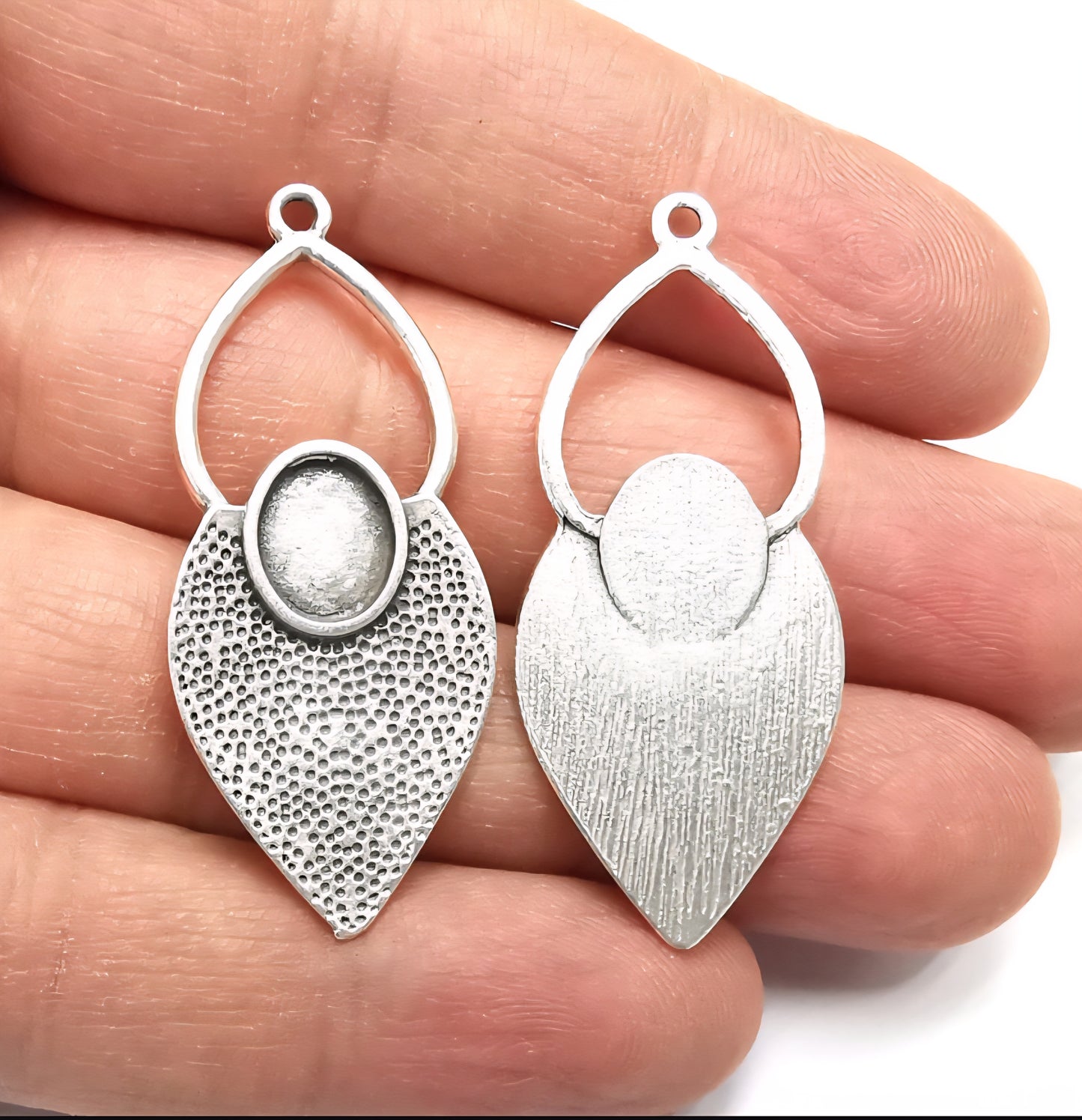 Leaf silver plated blank charms, cabochon 10x8mm bezel (2 pcs)