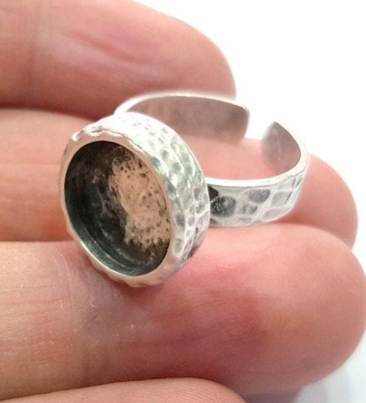 Round hammered antique silver plated adjustable ring blank 12mm