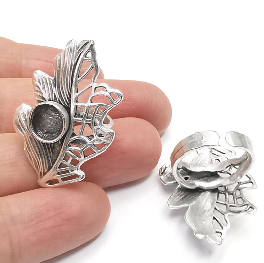 Silver plated leaf adjustable ring bezel 8mm