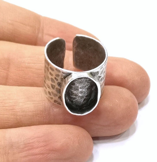 Chunky silver plated ring bezel, cabochon base 14×10mm