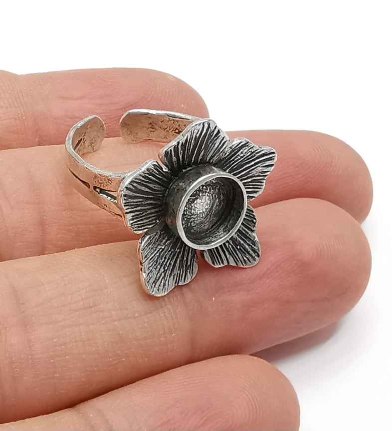 Flower adjustable ring base Antique Silver Plated brass