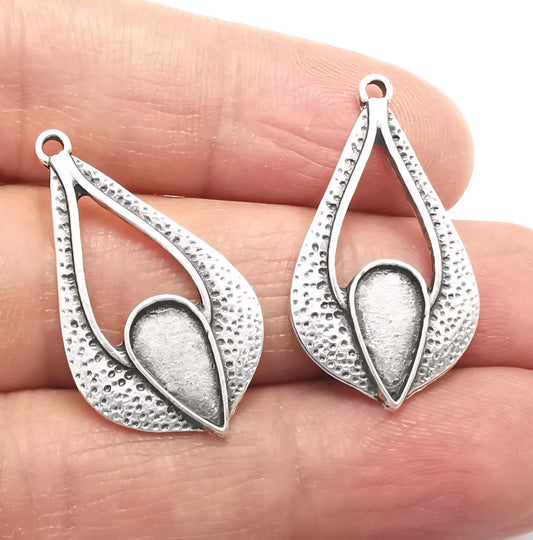 Antique silver plated Boho earring charms, cabochon bezel 12×6mm (2 pcs)